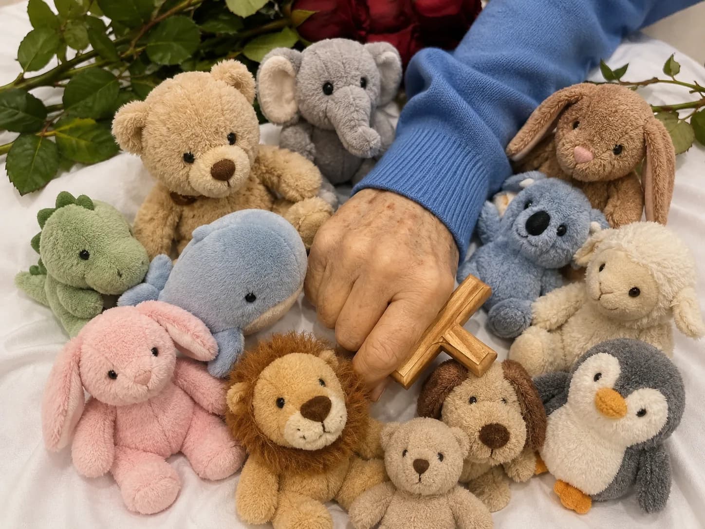 Kuscheltiere der Enkelkinder und ein Holzkreuz beim Abschied — ein persönliches Ritual am Sarg