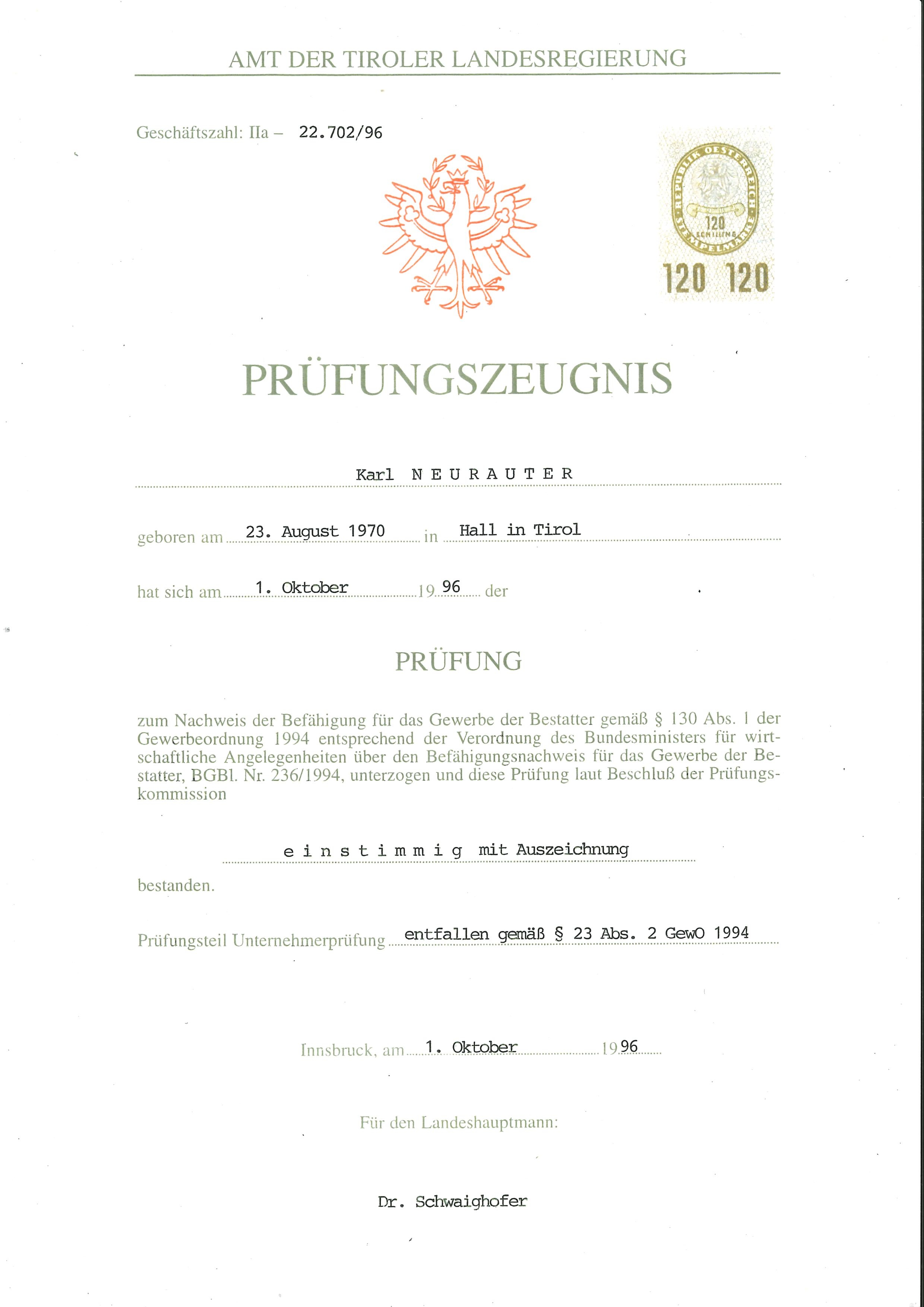 Befähigungsprüfung Bestattung - Karl Neurauter