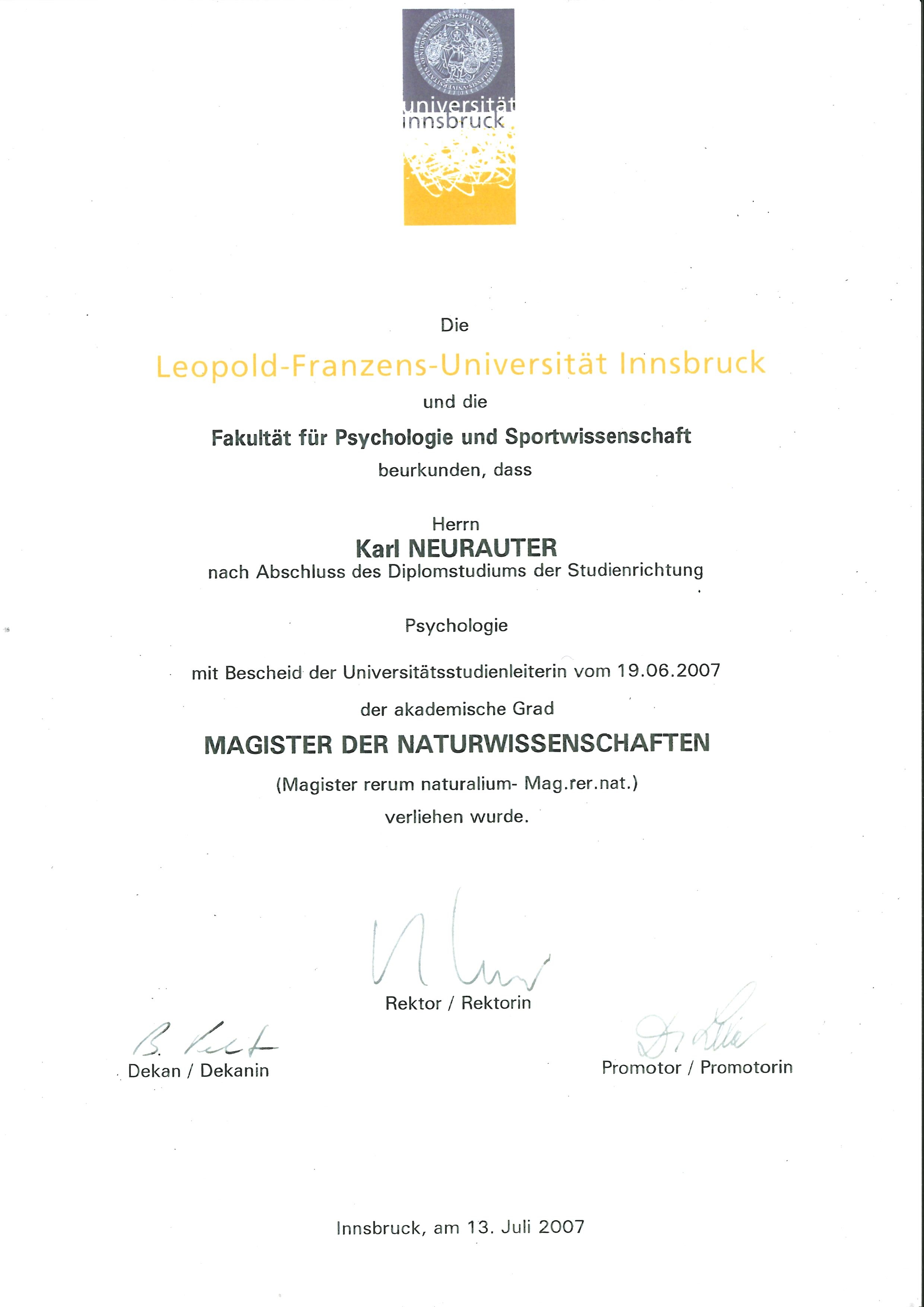 Magister der Psychologie - Karl Neurauter