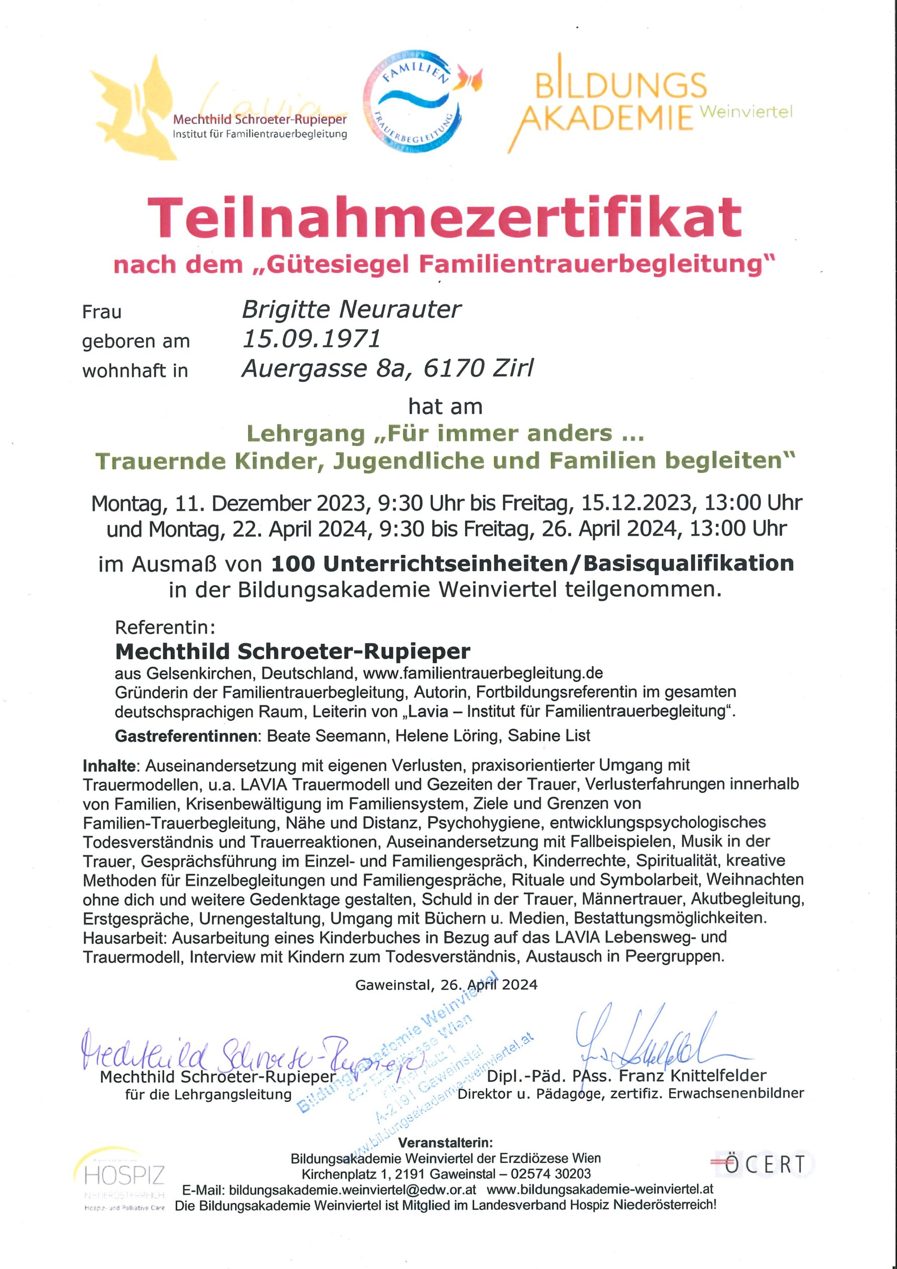 Zertifikat Familientrauerbegleitung - Brigitte Neurauter