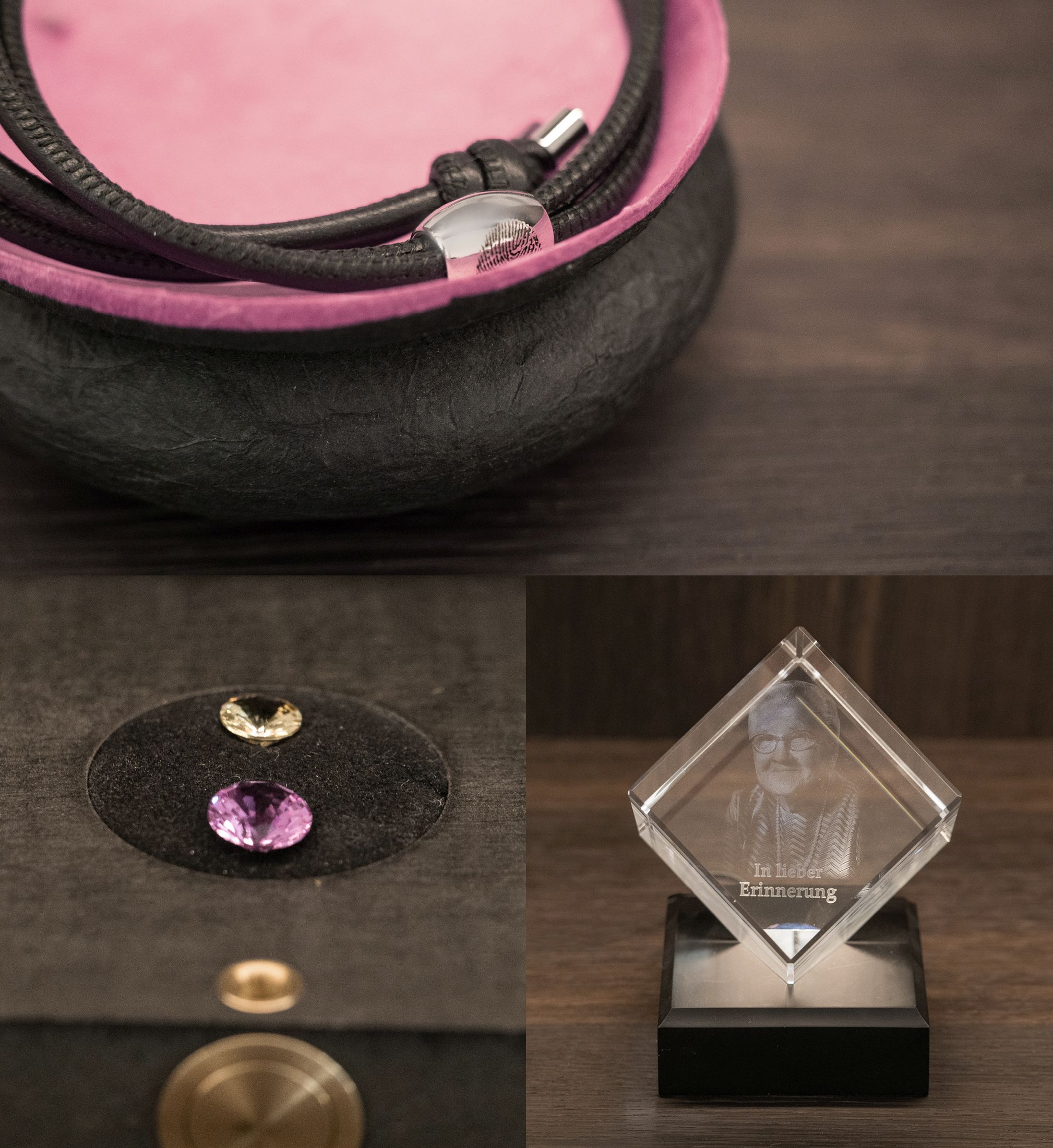 Ein Armband mit Fingerabdruck, zwei Diamanten und ein Hologram eines Verstorbenen